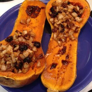Stuffed butternut squash with pear, pecans and cranberries, finished product