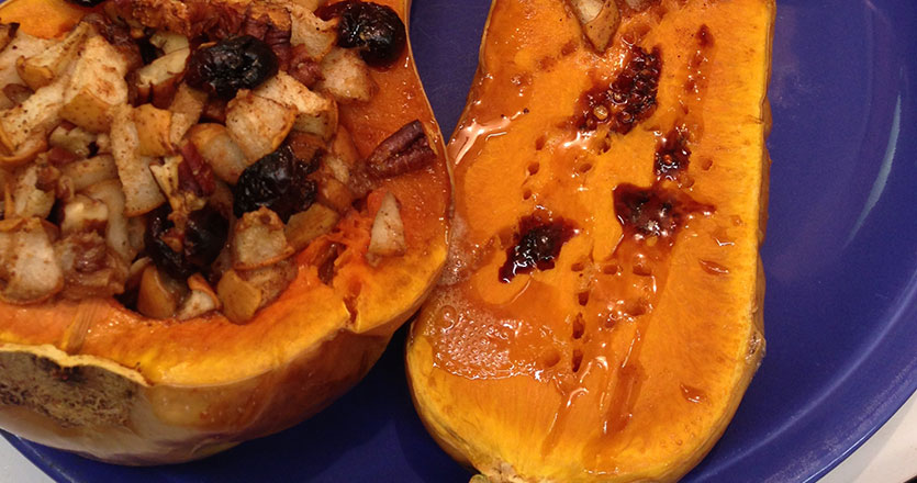 Stuffed Butternut Squash with Pear, Pecans and Cranberries