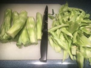 Broccoli stems with skin removed