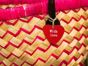 woven bag with 'with love' tag attached